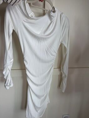 White Long-Sleeve Ruched Midi Dress